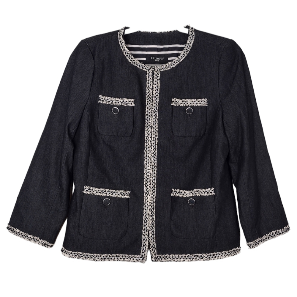 NWT Talbots Petite Tweed Fringe Denim Lined Patch Pockets Business Blazer Sz 8P